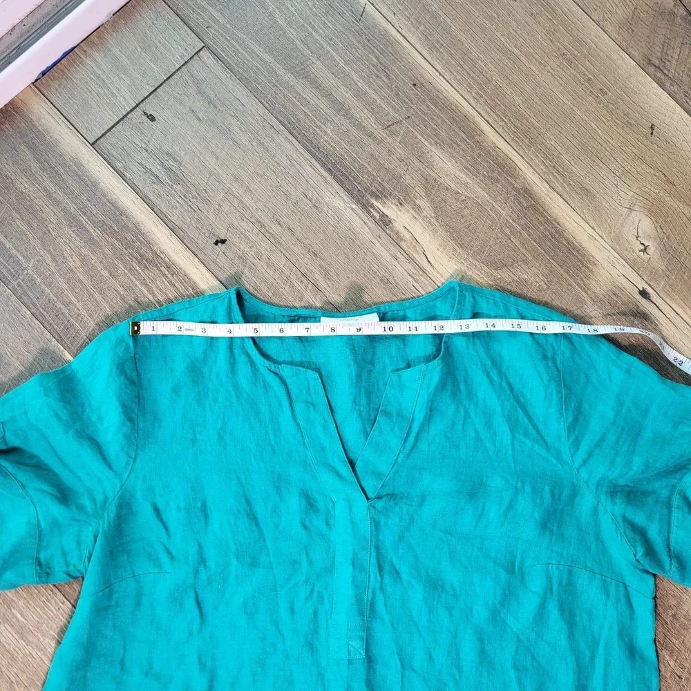 Charter Club Luxury Teal Green 100% Linen Split Neck Tie Sleeve Top Large